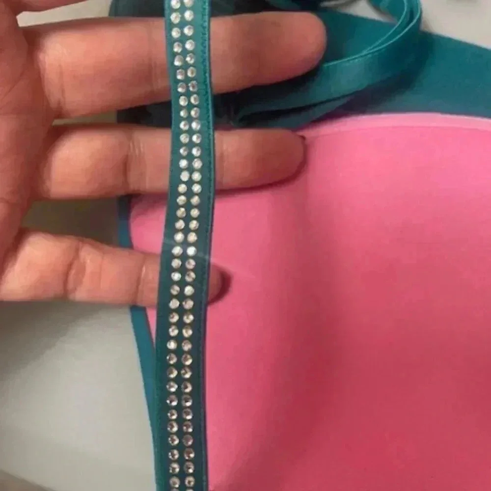 Victoria Secret Love Pink Bra Size 34C Bedazzled Turquoise Pink Padded Push Up - Picture 8 of 9